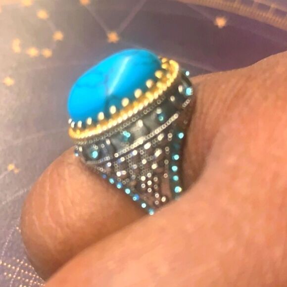 Vintage Unisex Electroplated Two-tone Inlaid Turquoise Ring - Picture 8 of 8
